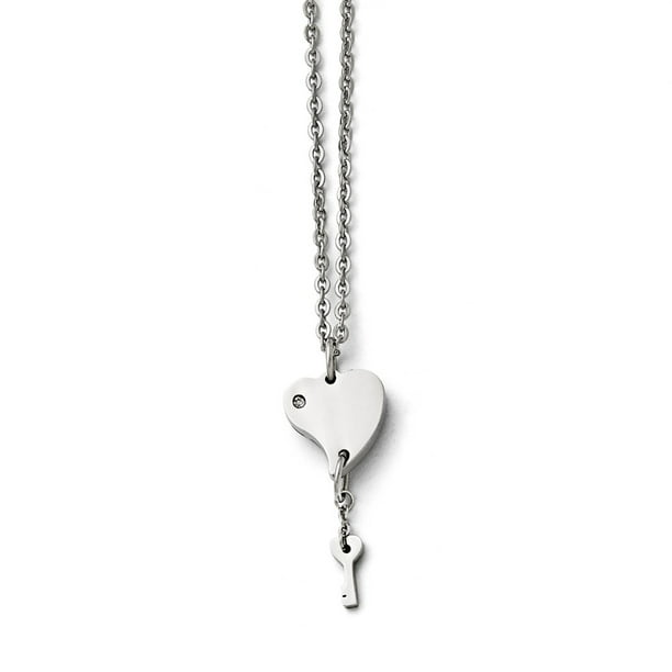 Stainless Steel CZ Heart Lock and Key Pendant Chain Necklace 